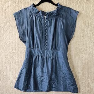 Eduardo Blanco Silk Blouse Small Tie Waist Ruffle Preppy Cottage Feminine Blue